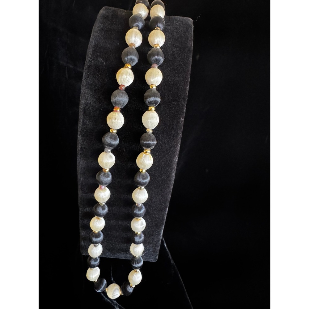 Vintage Black Cream Silk Thread Wrapped Bead Necklace 32" Gold Tone Spacers